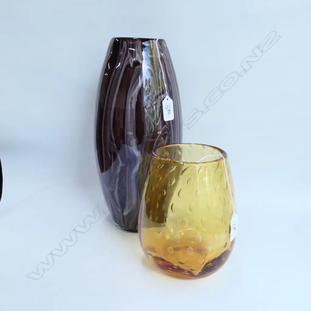 WHITEFRIARS AMBER VASE + ART DECO PURPLE VASE, TALLEST 320MM Image 1++