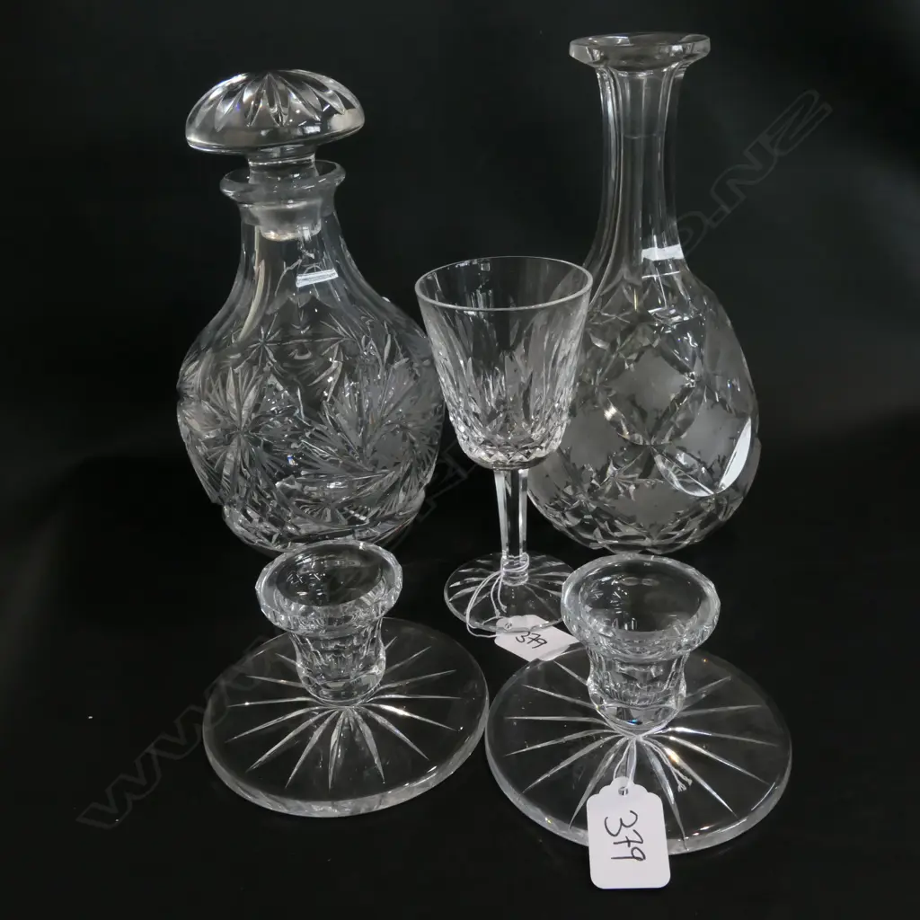 2 DECANTERS, WATERFORD GLASS, PR CANDLEHOLDERS Image 1++