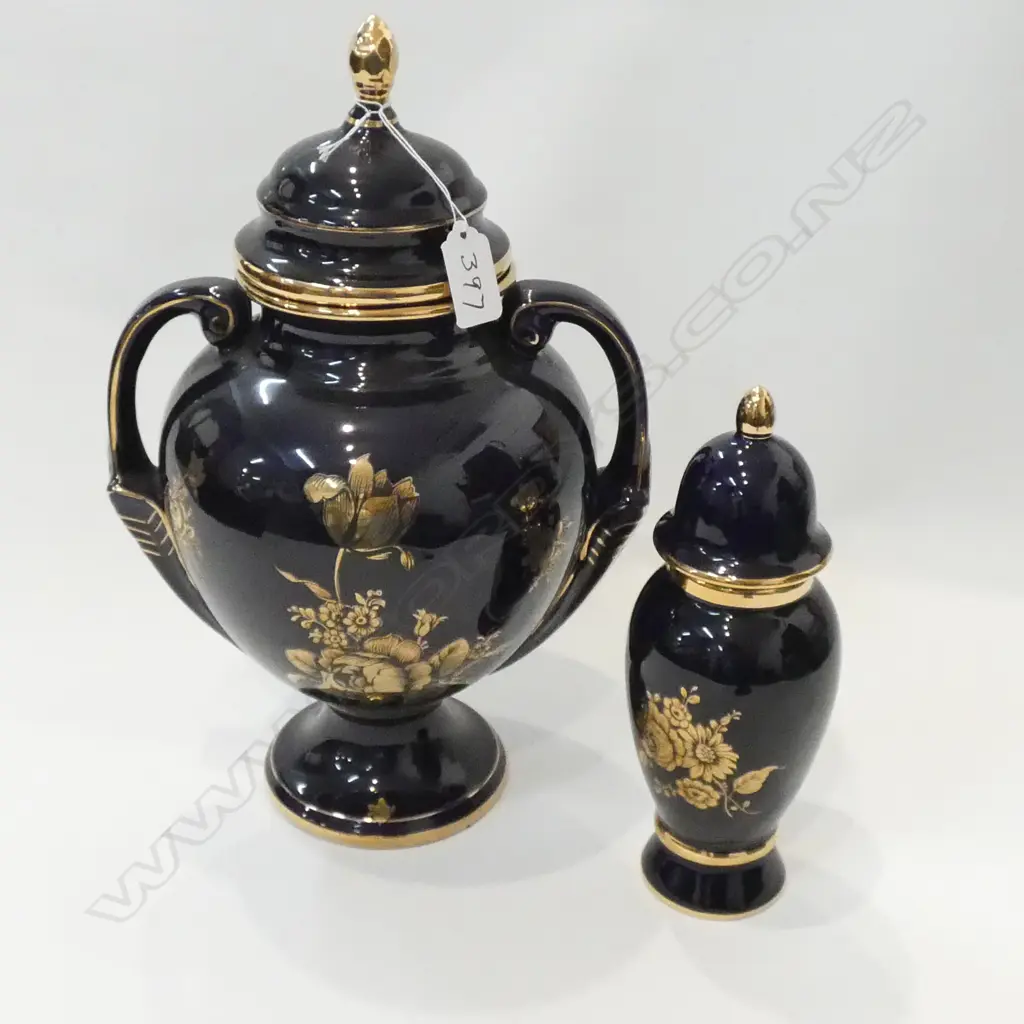 2 EURO PORCELAIN COBALT LIDDED URNS GILT HIGHLIGHTS Image 1++