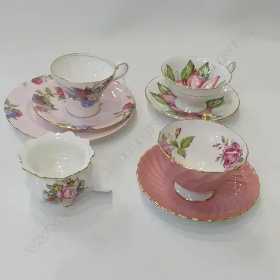 THREE ASSORTED AYNSLEY CUPS&SAUCERS/TRIO + SUGAR BOWL (1 A/F)