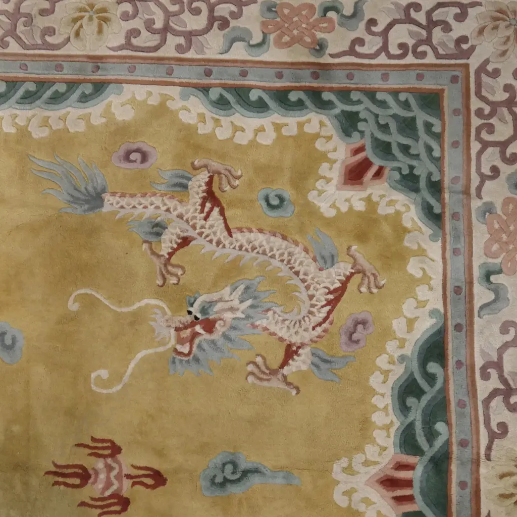 LGE ANTIQUE CHINESE HAND KNOTTED CARPET w IMPERIAL QING DRAGONS ON PALE MUSTARD GROUND. 2.7 X 3.7m Image 1++