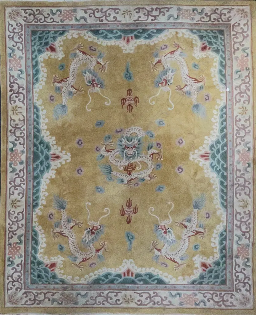 LGE ANTIQUE CHINESE HAND KNOTTED CARPET w IMPERIAL QING DRAGONS ON PALE MUSTARD GROUND. 2.7 X 3.7m Image 1++