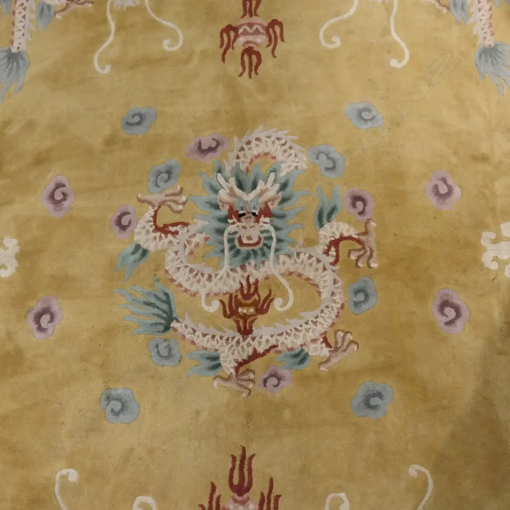 LGE ANTIQUE CHINESE HAND KNOTTED CARPET w IMPERIAL QING DRAGONS ON PALE MUSTARD GROUND. 2.7 X 3.7m Image 1++