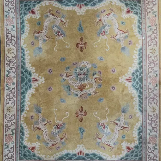 LGE ANTIQUE CHINESE HAND KNOTTED CARPET w IMPERIAL QING DRAGONS ON PALE MUSTARD GROUND. 2.7 X 3.7m
