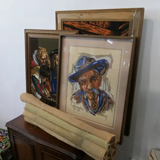 3 FRAMED EMBROIDED PICTURES + 7 UNEMBROIDERED PANELS