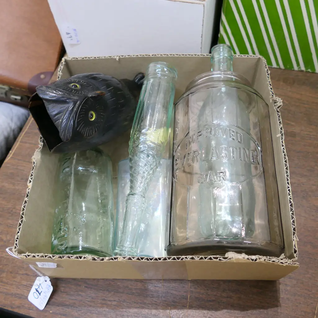 BOX LOT BOTTLES & OWL Image 1++
