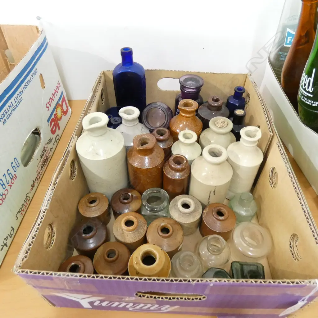 BOX STONEWARE SMALL INK BOTTLES, INK WELLS  & SELECTION ODD SMALL BOTTLES Image 1++