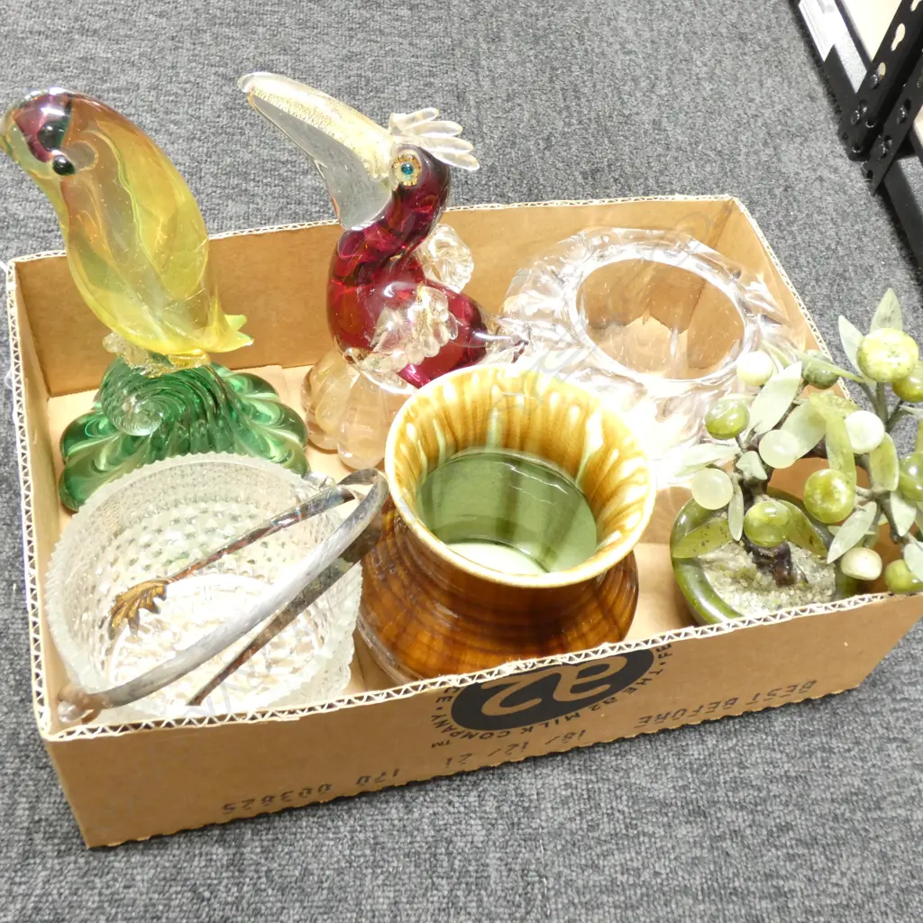 BOX LOT MURANO GLASS BIRS AF, AMBRICO EARLY CROWN LYNN VASE CHIPPED RIM, ICE BUCKET, CRYSTAL VASE ETC Image 1++