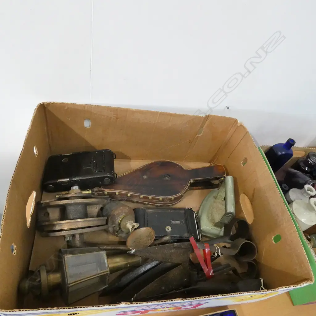 BOX LOT ASST ITEMS; SHEARS, CAMERAS, LANTERN ETC Image 1++
