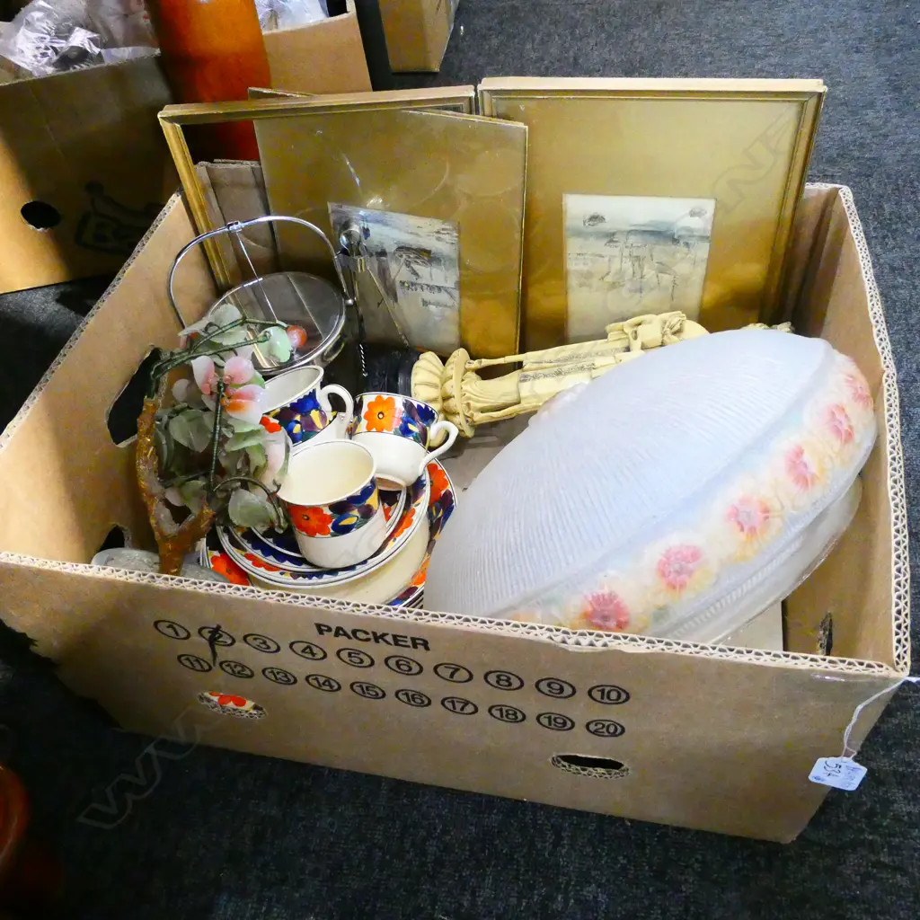 BOX LOT ORIENTAL RESIN FIGURES, CRYSTAL TREE, LIGHTSHADE, ICE BUCKET, ETC Image 1++