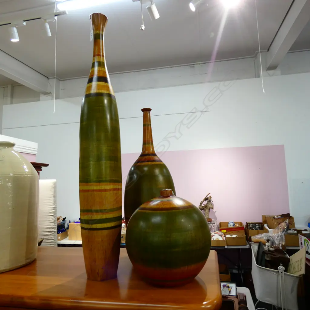 3 TURNED WOODEN VASES H 860 MM Image 1++
