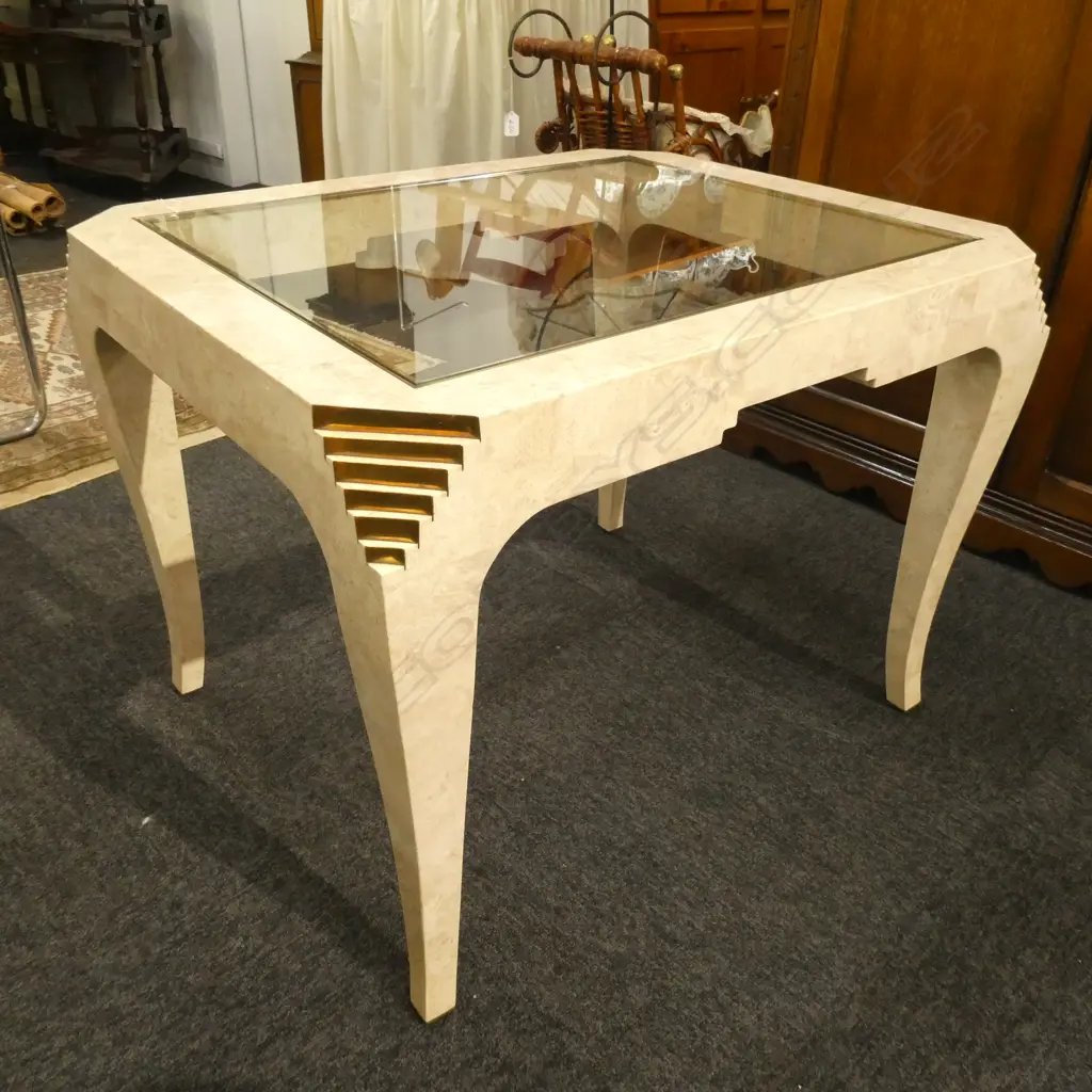 ITALIAN TRAVERTINE MARBLE SIDE TABLE w GLASS INSERT TOP Image 1++