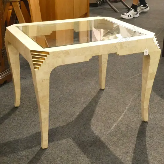 ITALIAN TRAVERTINE MARBLE SIDE TABLE w GLASS INSERT TOP