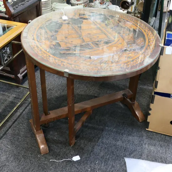 FOLDING ORIENTAL CIRCULAR GLASS TOPPED TABLE 600MM DIA
