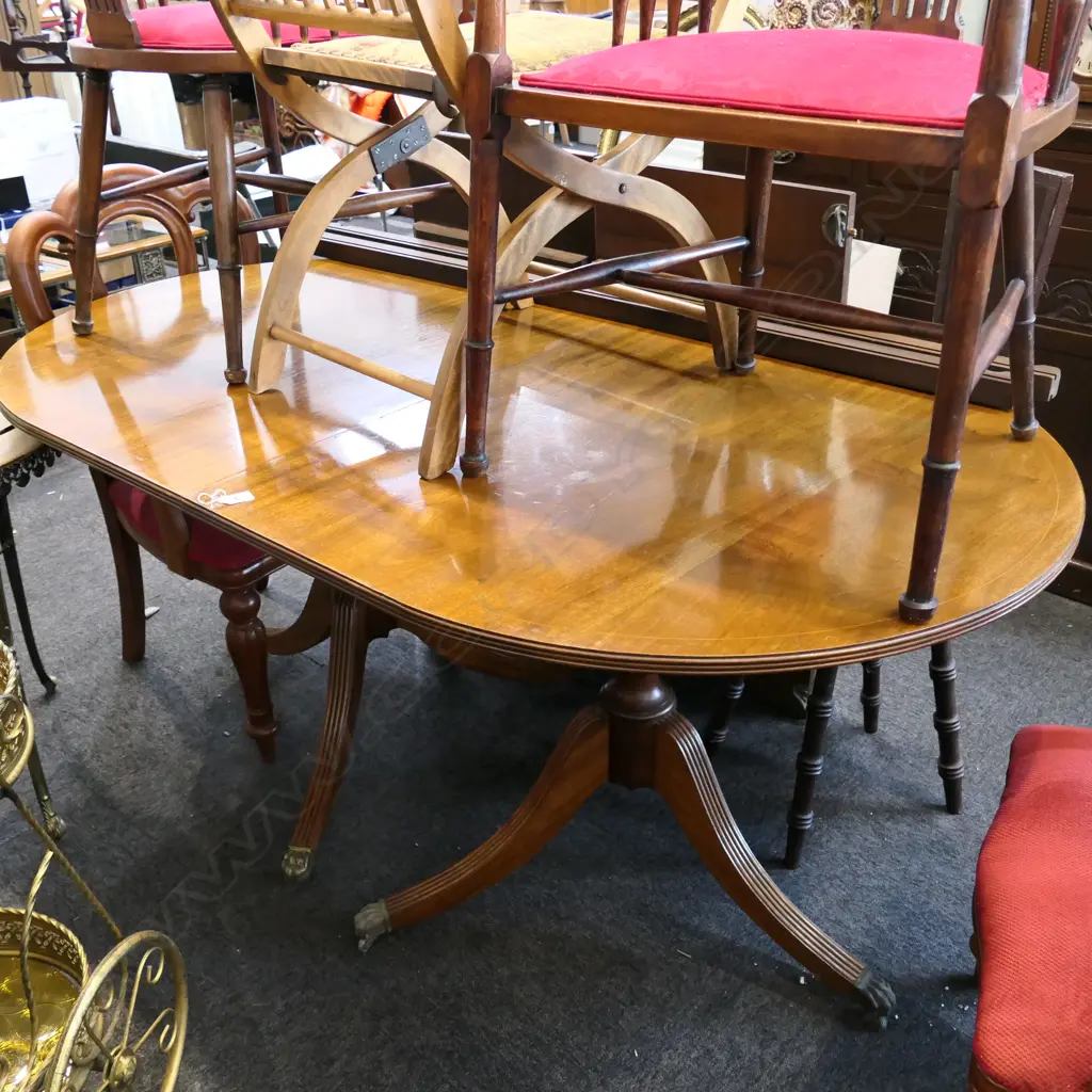 D END REGENCY STYLE MAHOGANY DINING TABLE, 2 LEAVES & BRASS FEET L. 1.6M Image 1++