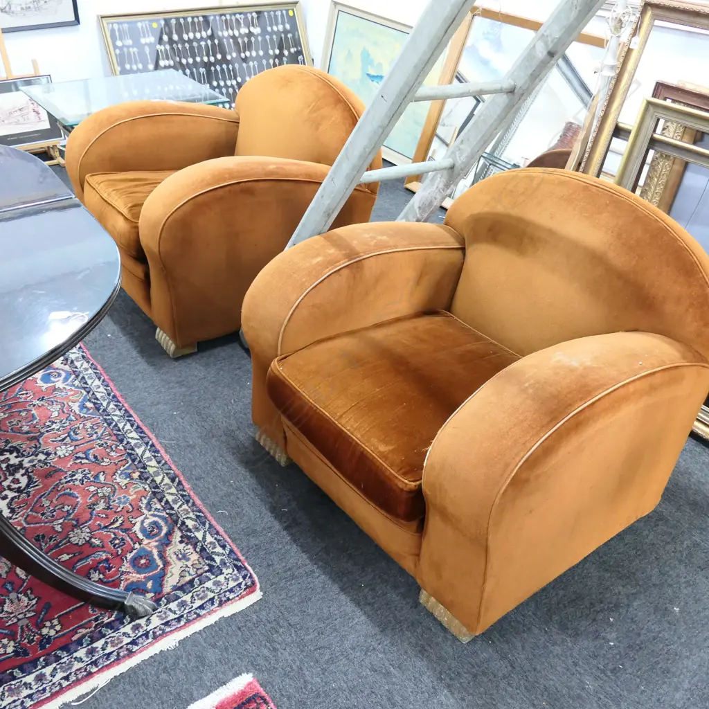 PR OF ART DECO ARMCHAIRS UPHOLSTERY WORN Image 1++