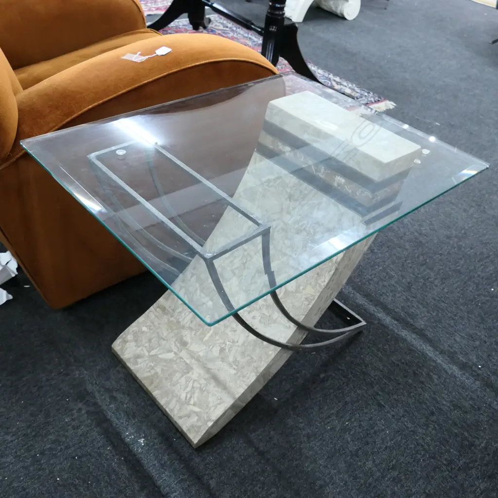 MARBLE STYLE METAL FRAMED GLASS TOP SIDE TABLE Image 1++
