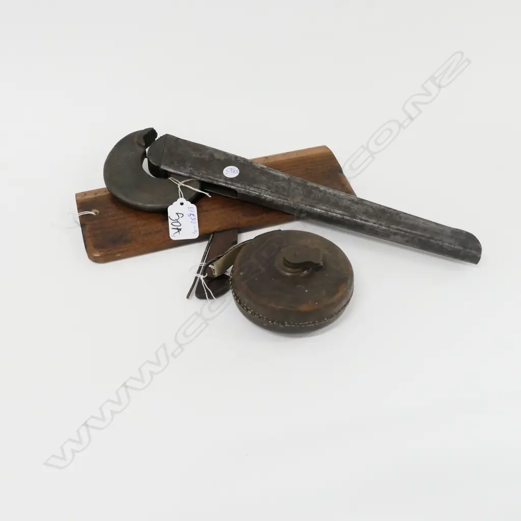 3 ANTIQUE TOOLS; RABONE MEASURING TAPE, WRAPORGE WRENCH "TITAN" + PLANE Image 1++