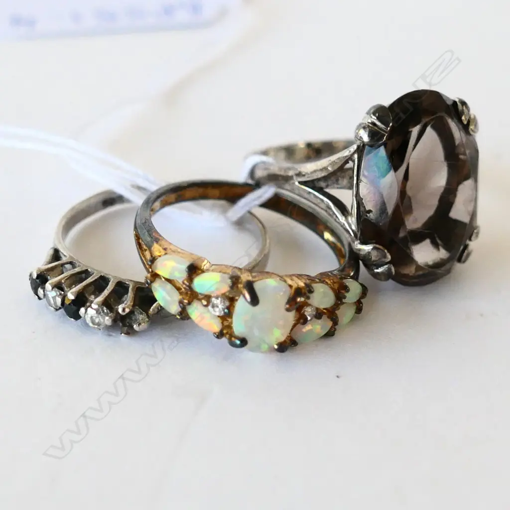THREE SILVER RINGS - SMOKY QUARTZ & OPAL & SAPPHIRE Image 1++