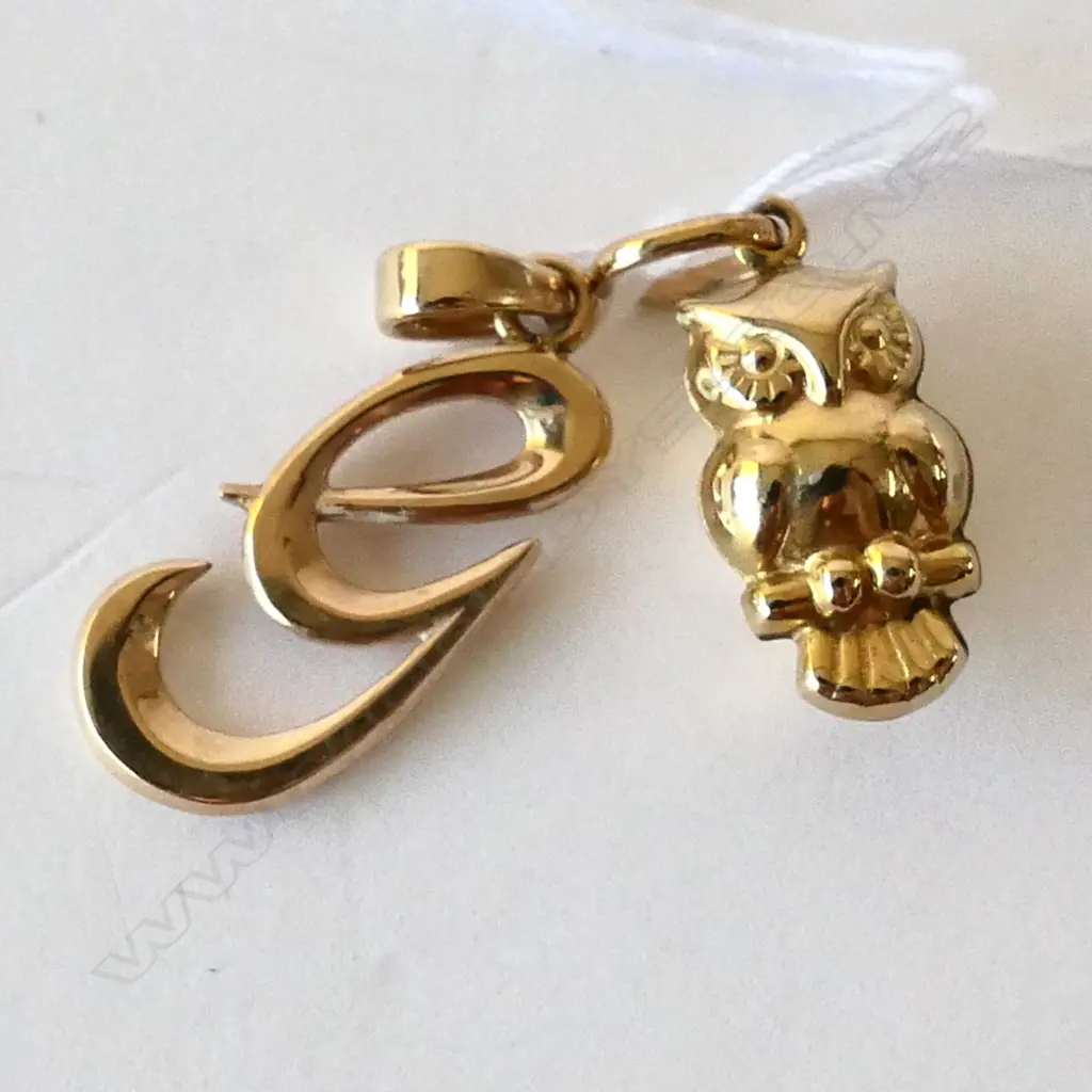 2 9CT GOLD CHARMS OWL & 'G' 3.64gms Image 1++