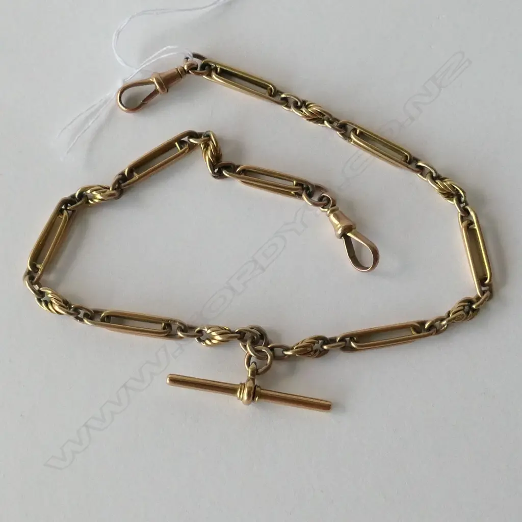 18CT GOLD FOB CHAIN WITH 2 9CT GOLD DOG CLIPS 36.09gm Image 1++