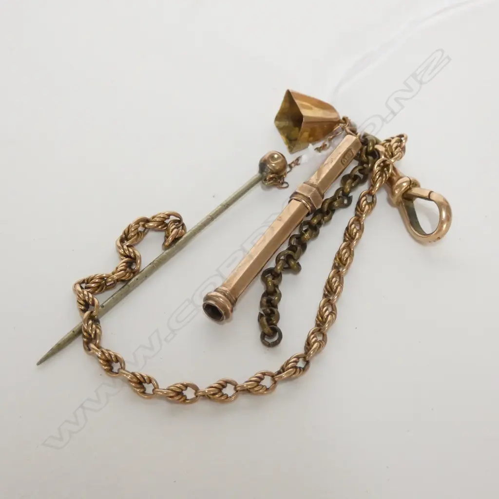 9CT TOOTH PICK, BELL PIN & 9CT DOG CLIP & EXTENDER CHAIN 8.2 GRAMS TOTAL Image 1++