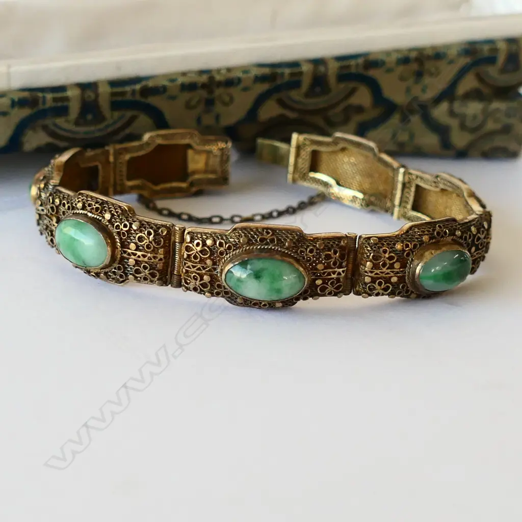 CHINESE SILVER GILT AND JADE BRACELET IN BOX Image 1++
