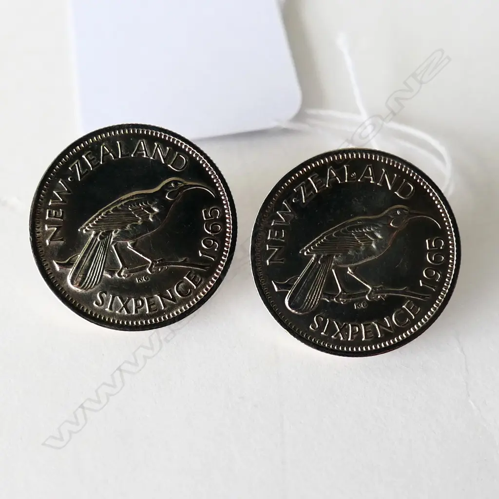 PAIR OF NZ 1965 SIXPENCES MADE INTO EARRINGS Image 1++