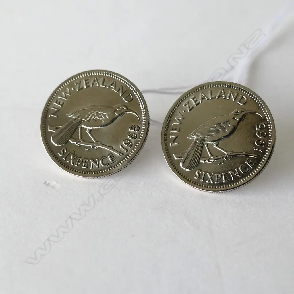 PAIR OF NZ 1965 SIXPENCES MADE INTO EARRINGS Image 1++