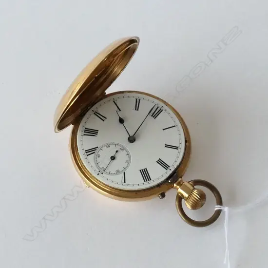 18CT GOLD FULL HUNTER POCKET WATCH (PLATED DUST COVER) WORKING BUT GLASS ABSENT 77.38gm (including movement)
