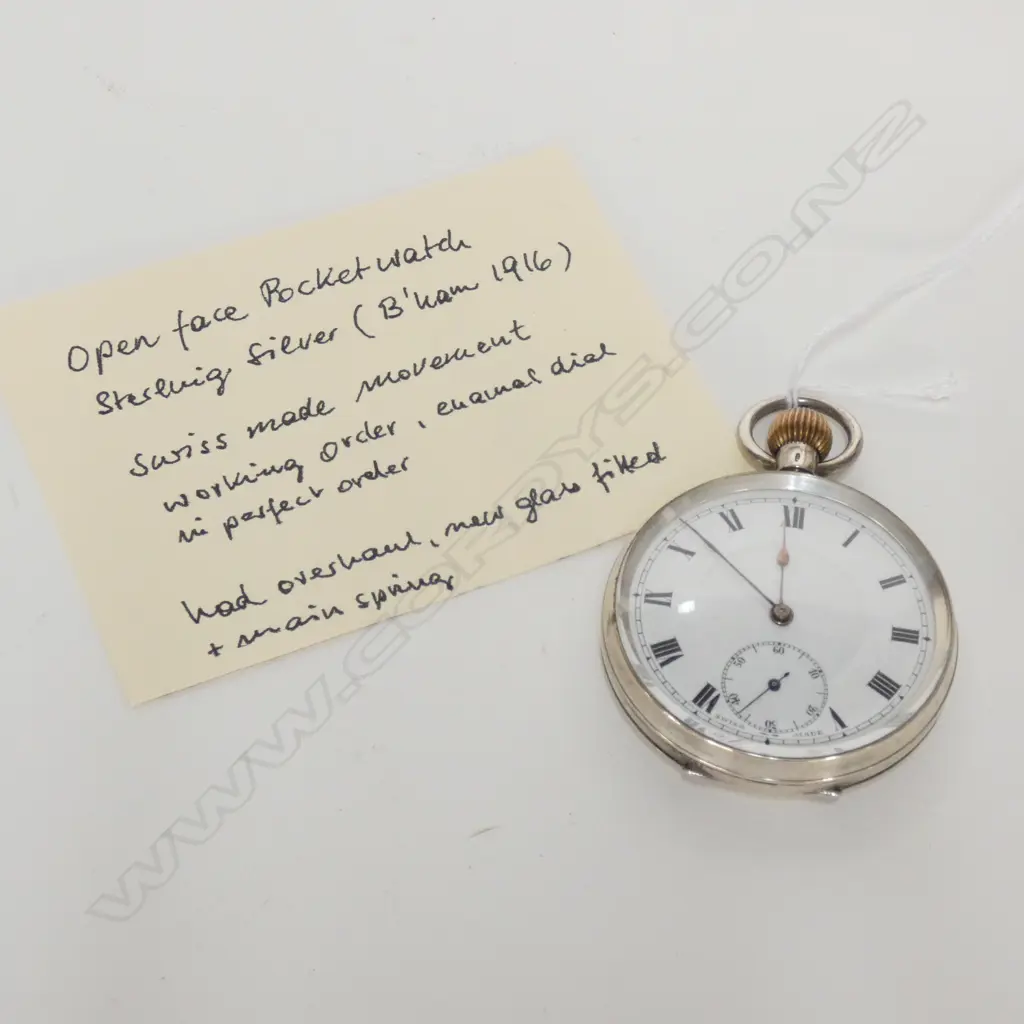 STG SILVER OPEN FACE POCKETWATCH B'HAM 1916 WORKING Image 1++