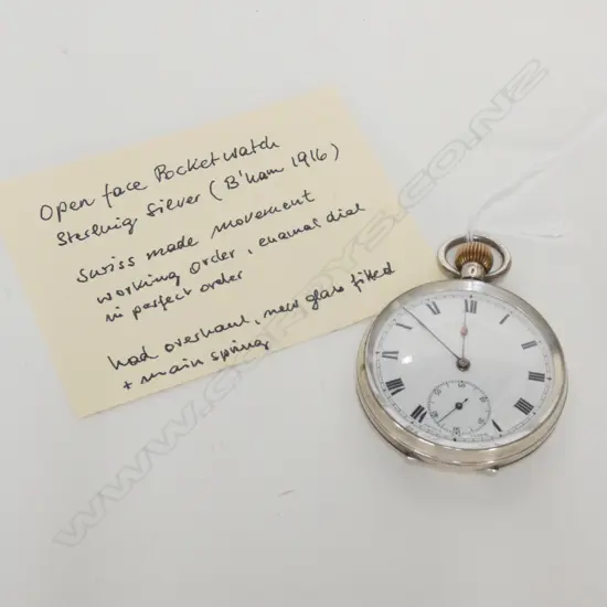 STG SILVER OPEN FACE POCKETWATCH B'HAM 1916 WORKING