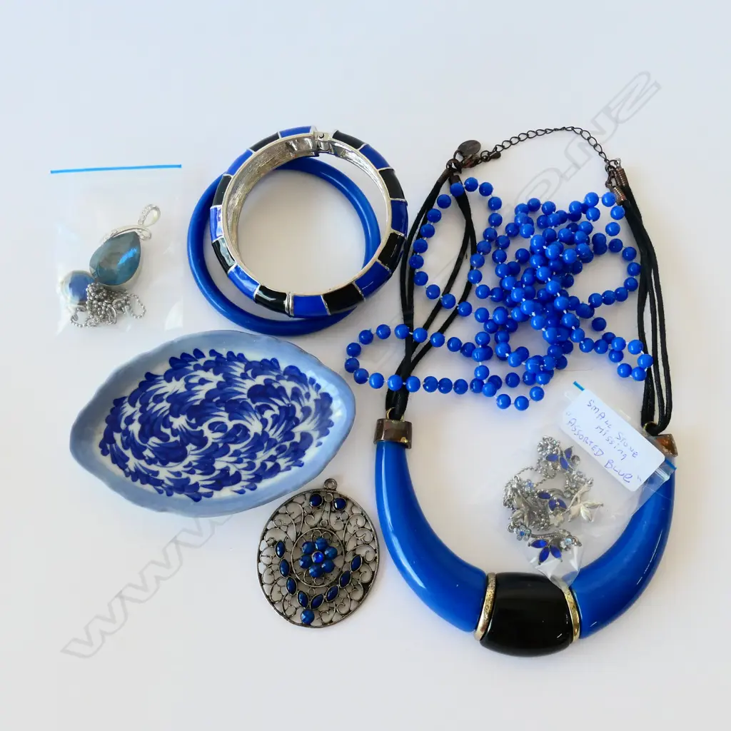 ASSORTED COSTUME JEWELLERY & BLUE/WHITE DISH Image 1++