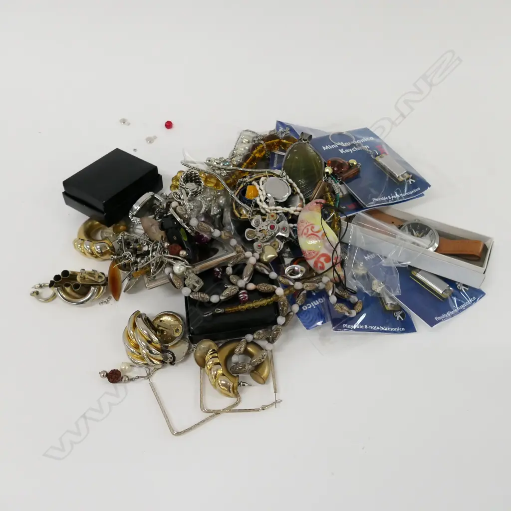 LOT ASST COSTUME JEWELLERY + HARMONICAS Image 1++
