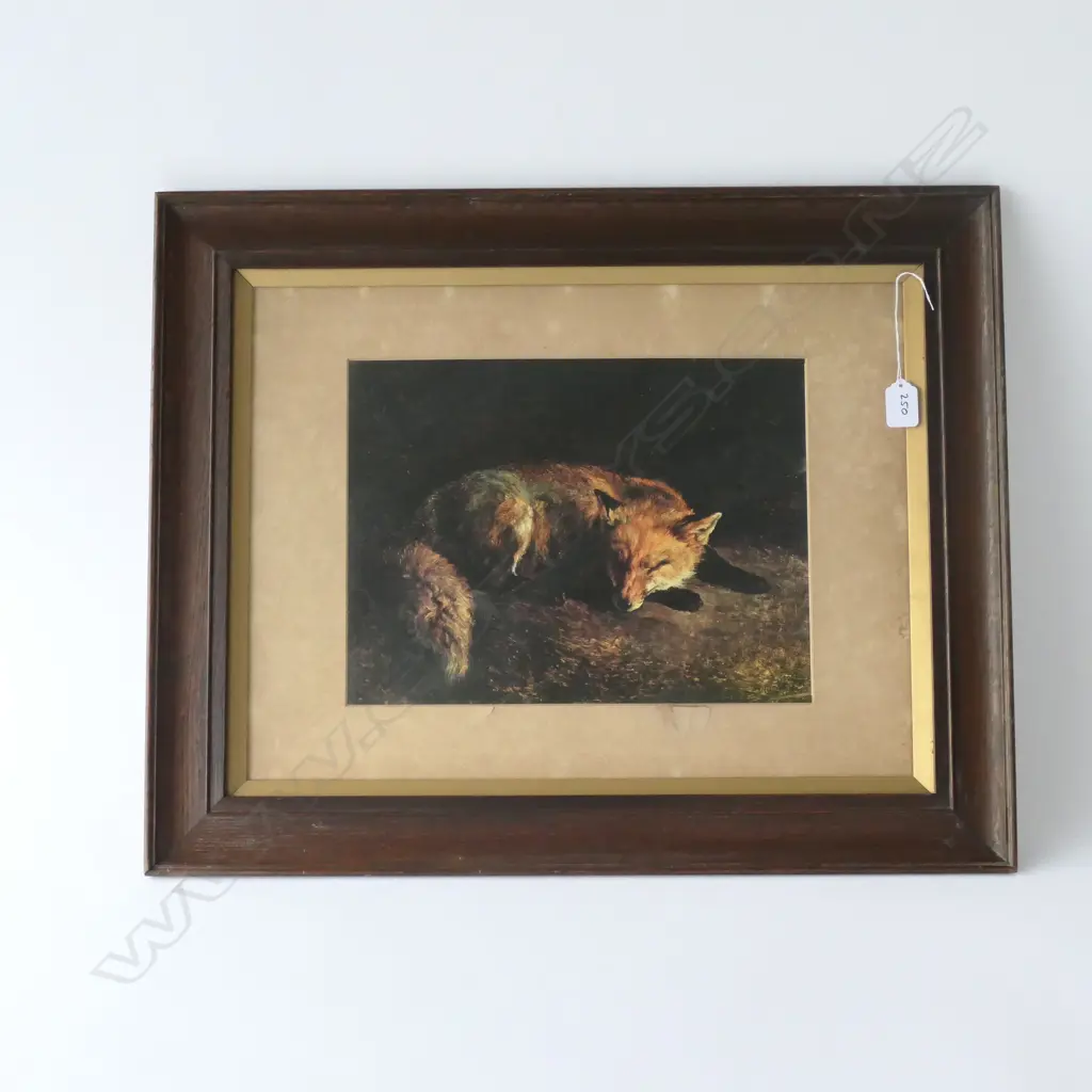 OAK FRAMED PRINT OF AN OLD OIL PAINTING OF RESTING FOX Image 1++
