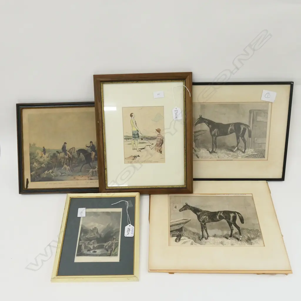 5 ANTIQUE ENRAVINGS HORSE GOLF  HUNTING ETC Image 1++