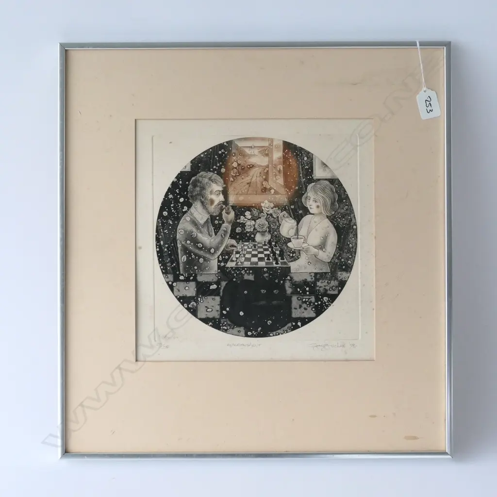 GARY TRICKER ETCHING 35/50 'ENTERTAINMENT' SIGNED, DATED '78, NO GLASS, Dia.235mm Image 1++