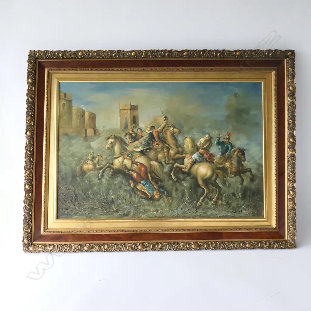 A. GOYZ, OIL ON CANVAS, EUROPEAN EQUESTRIAN BATTLE SCENE, SIGNED. 870 x 1170mm OVERALL Image 1++