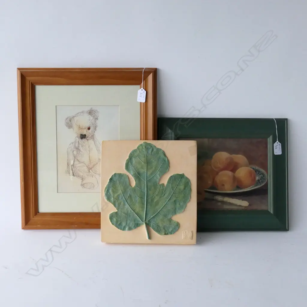 3 ARTWORKS; STILL LIFE PRINT, TEDDY PRINT, ANNA CHANDLER LEAF TILE 260 X 245MM Image 1++