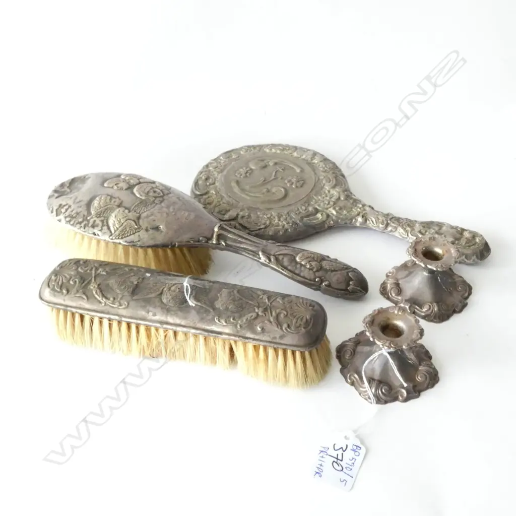 STG SILVER BRUSH &  B'HAM 1907 + MIRROR & PR PLATE CANDLE HOLDERS Image 1++