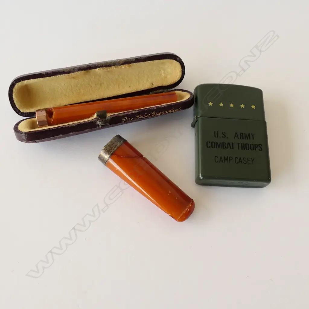 CIGAR HOLDERS, 9CT GOLD END CASED, OTHER STERLING SILVER  AND CAMP CASEY ZIPPO LIGHTER  Image 1++