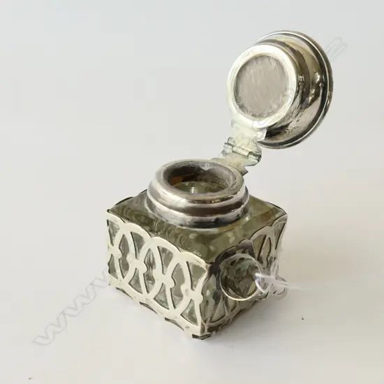 SILVER AND GLASS INKWELL WITH ATTACHED PEN HOLDER LONDON 1991