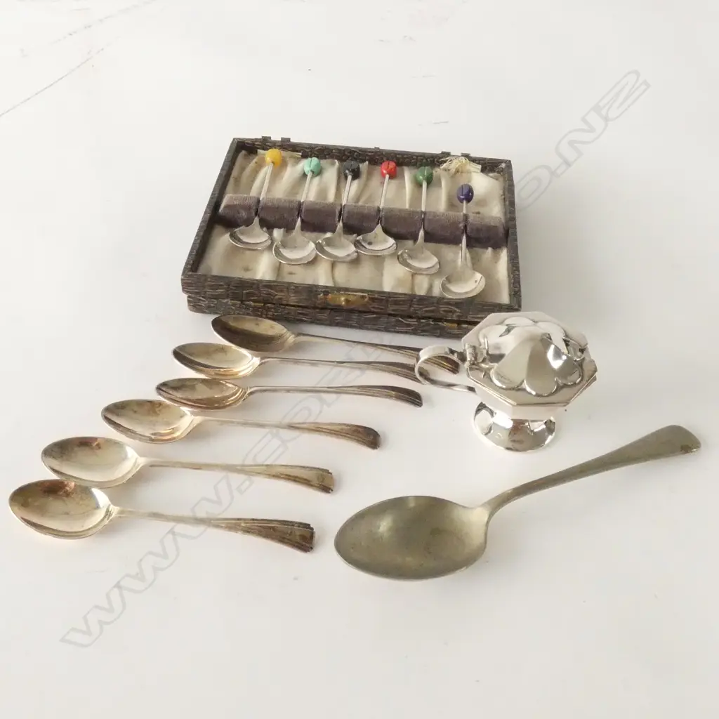 6 EP CASE COFFEE SPOONS + ASST SPOONS + MUSTARD POT Image 1++