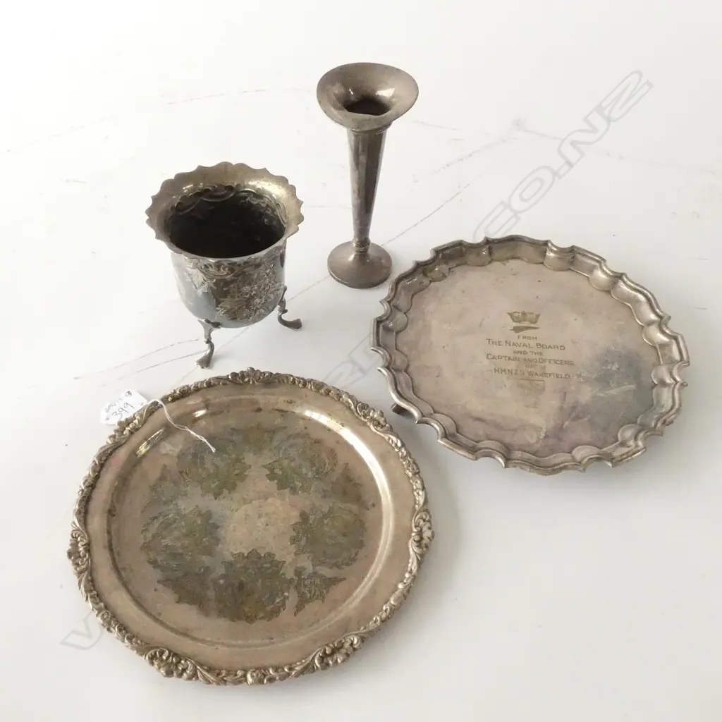 TWO SILVERPLATE TRAYS/SILVER PLATE SUGAR/ST.SILVER VASE (AF) Image 1++