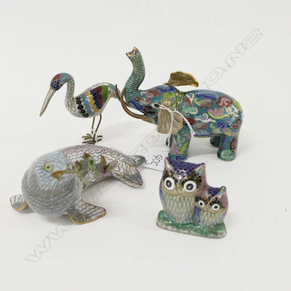 4 CLOISONNE ANIMALS; HERON, SEAL, ELEPHANT & OWLS Image 1++