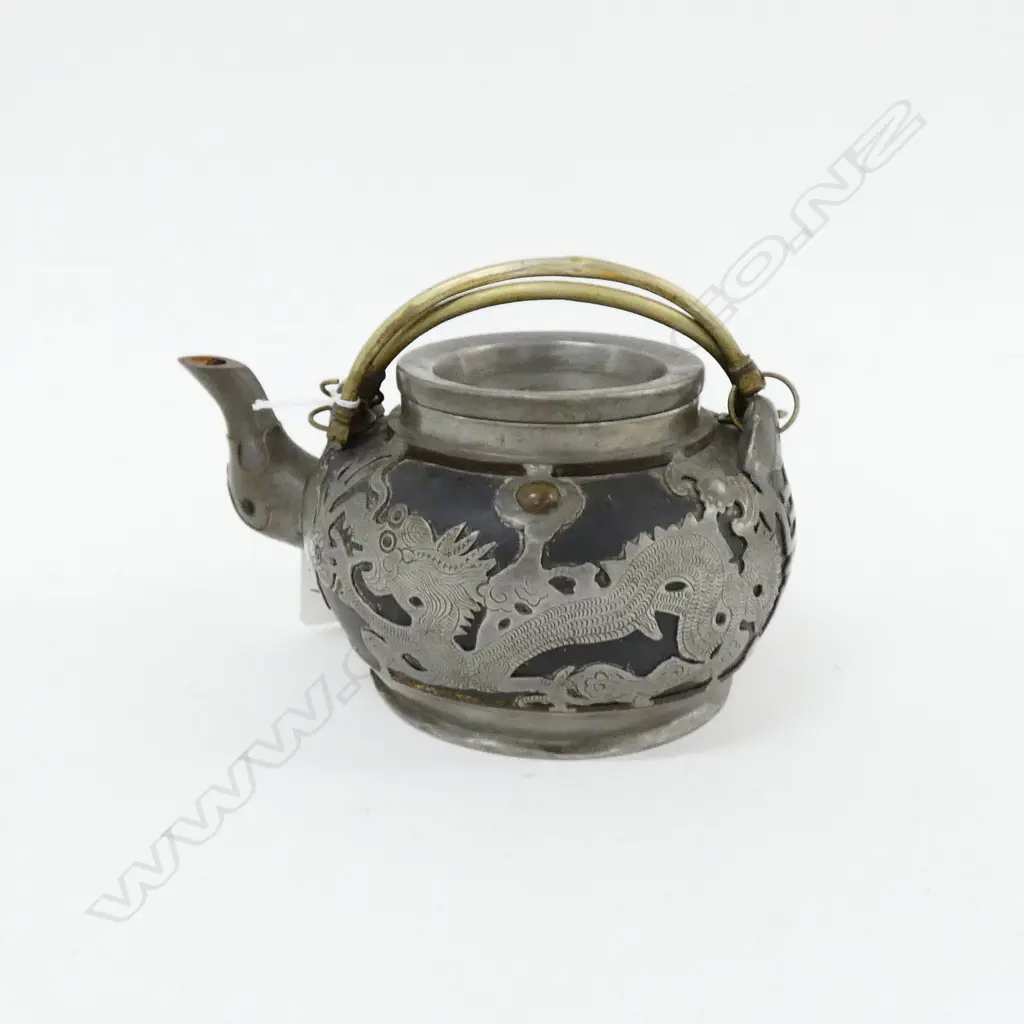 CHINESE YIXING BLACKWARE TEAPOT w PARTIAL PEWTER OVERLAY OF DRAGONS Image 1++