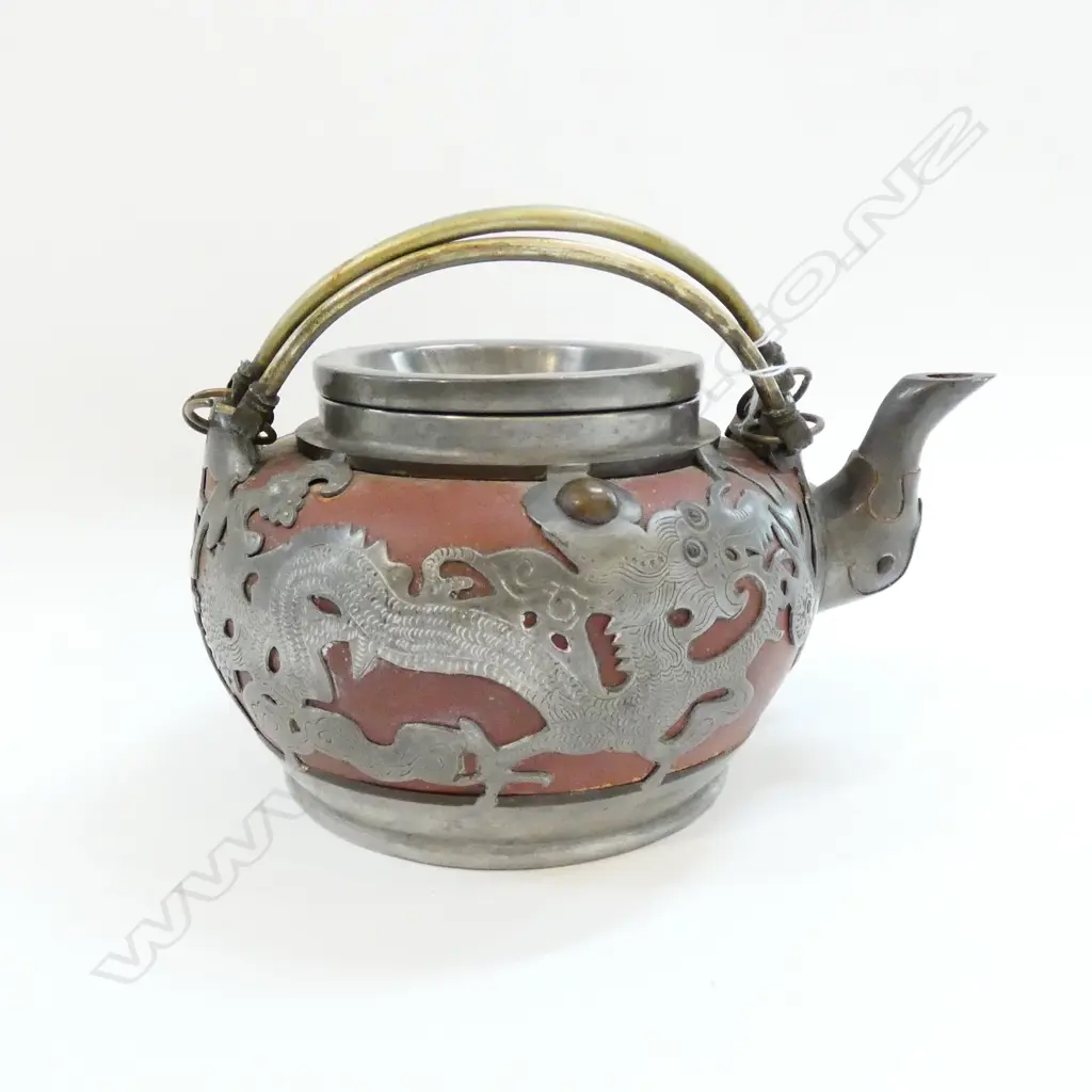 CHINESE YIXING REDWARE TEAPOT w PARTIAL PEWTER OVERLAY OF DRAGONS Image 1++