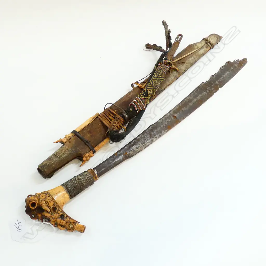 Old Dayak mandau short sword from Borneo. carved bone handle Image 1++