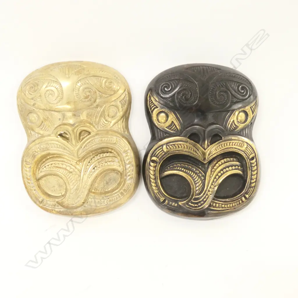2 MAORI BRASS TIKI FACES H. 160MM Image 1++