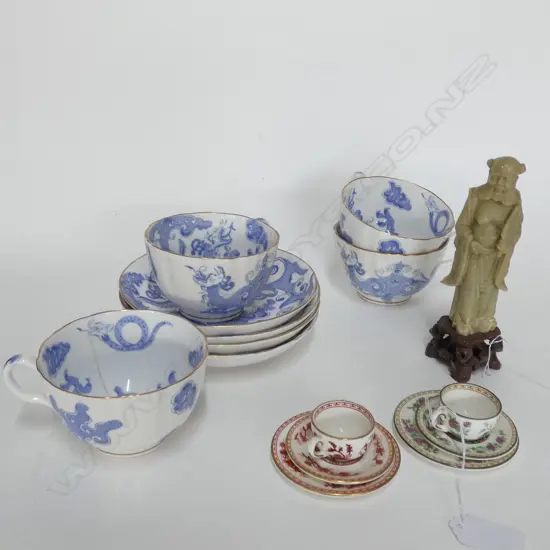4 R/WORCESTER B/W DRAGON CUPS & SAUCERS ONE AF + 2 COALPORT MINI TRIOS, SOAPSTONE ORIENTAL FIGURE 